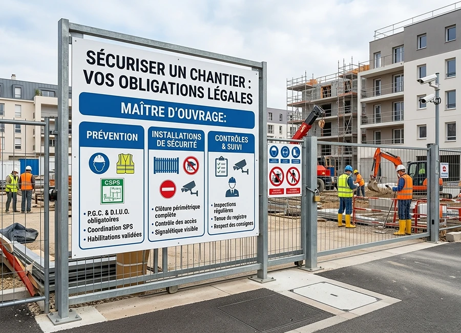 Chantier avec les règles de sécurisation affichée devant la clôture de la zone de travaux