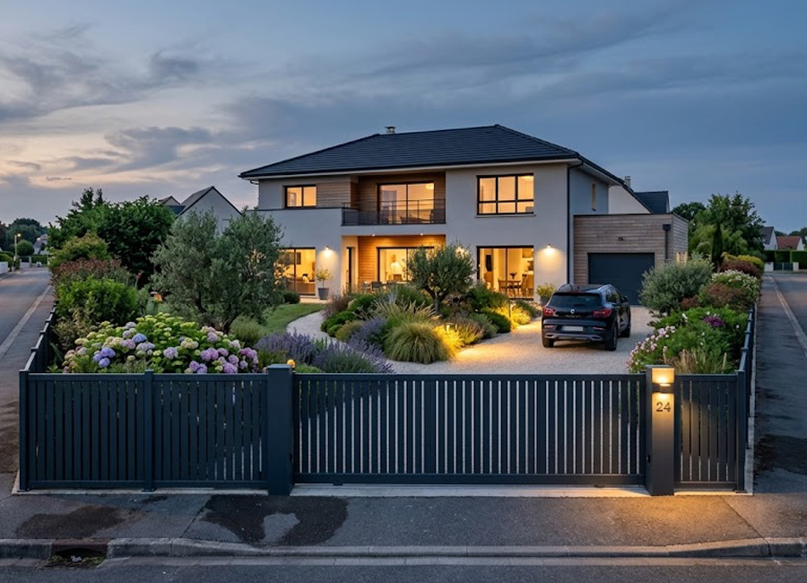 Maison sécurisée par une clôture aluminium anthracite et un portail coulissant fermé en Loire-Atlantique