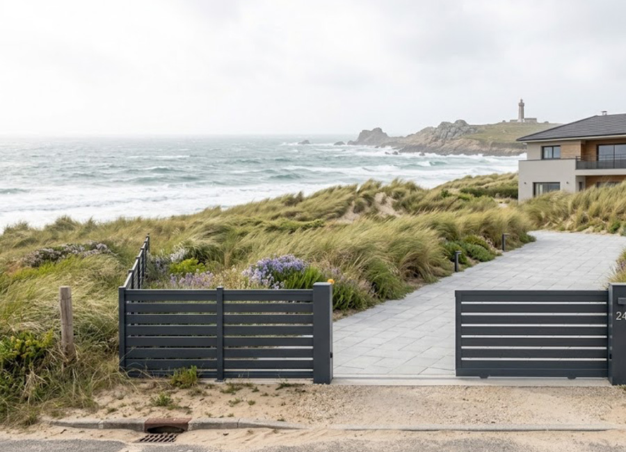 Portail autoportant en aluminium anthracite entrouvert, sans rail au sol, à l'entrée d'une maison contemporaine