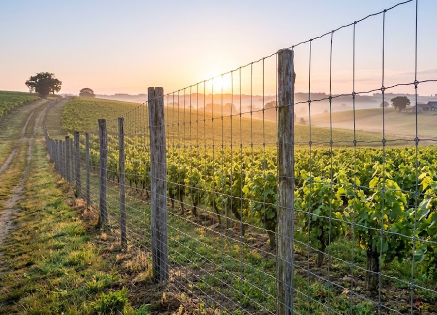 Clôture grillagée haute protégeant une parcelle de vigne du gibier dans le vignoble nantais