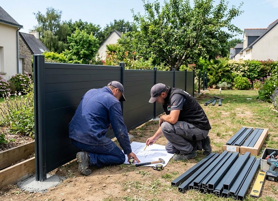 Installateurs professionnels vérifiant un plan technique lors de la pose d'une clôture aluminium