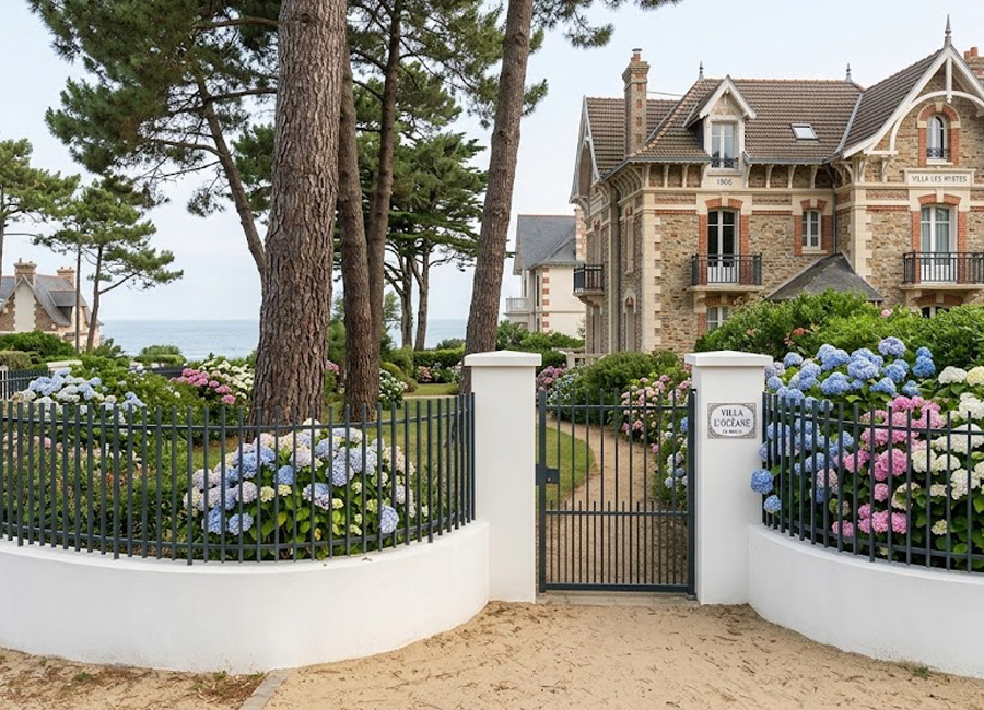 Clôture à barreaudage vertical sur muret bas devant une villa balnéaire de La Baule